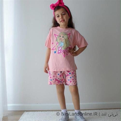 ست تیشرت شلوارک دخترانه طرح باربی ترک کد 0004125
