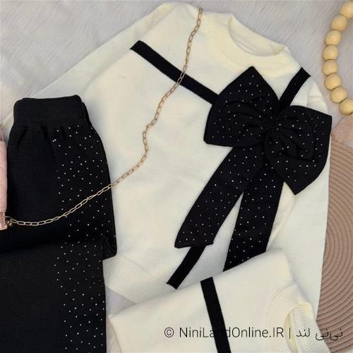 دو تیکه بلوز شلوار بافت طرح پاپیون نگینی کد 8088