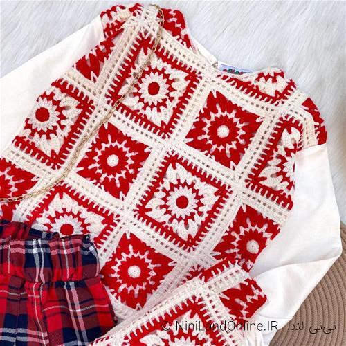 ست بلوز دامن شلوارکی طرح قلاب بافی کد 4242