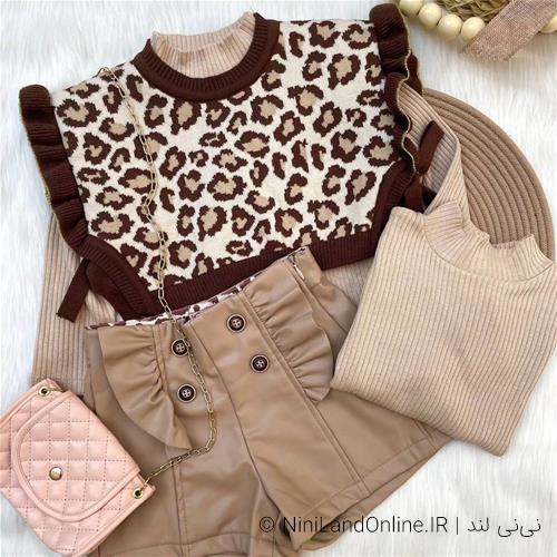 ست 3تیکه پلنگی بلوز شلوارک دخترانه کد 5810