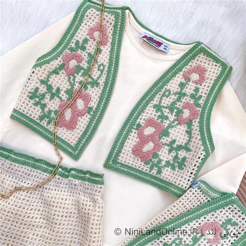 ست سه تیکه بلوز دامن دخترانه طرح قلاب بافی کد 365