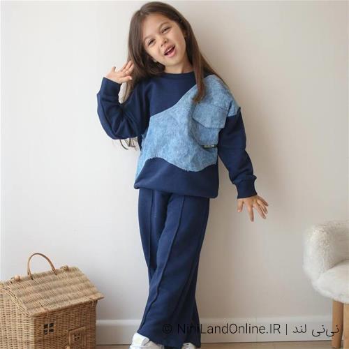 وتیکه دورس شلوار سه نخ بغل طرح لی رنگ سرمه ای 4-12سال کد 18315