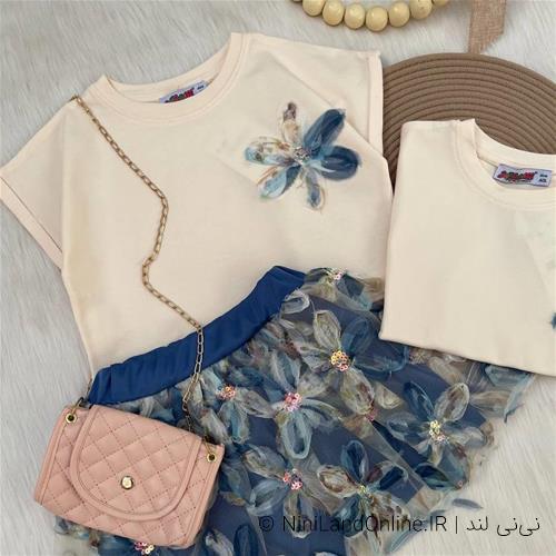 تیشرت دامن توری طرح گل ترک کد 681