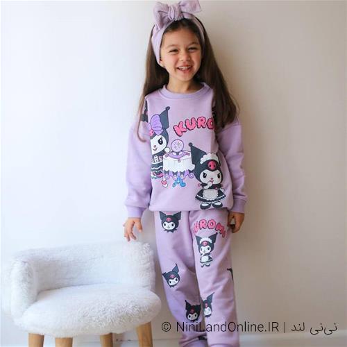 دوتیکه دورس کرومی بنفش طرحدار سه نخ و شلوار ترک کد 13316