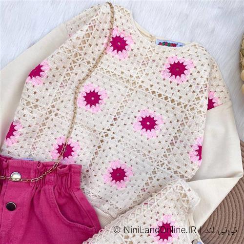ست بلوز دامن دخترانه طرح قلاب بافی ترک کد 515