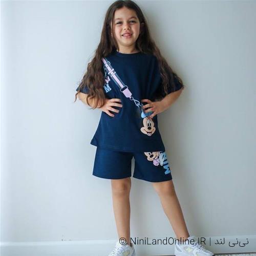 دو تیکه تابستانه دخترانه طرح میکی موس سرمه ای ترک کد 05984