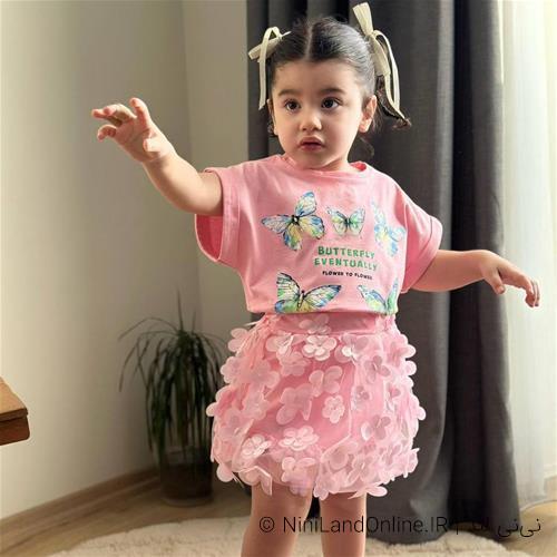 دو تیکه تیشرت دامن دخترانه طرح پروانه ترک کد 002311