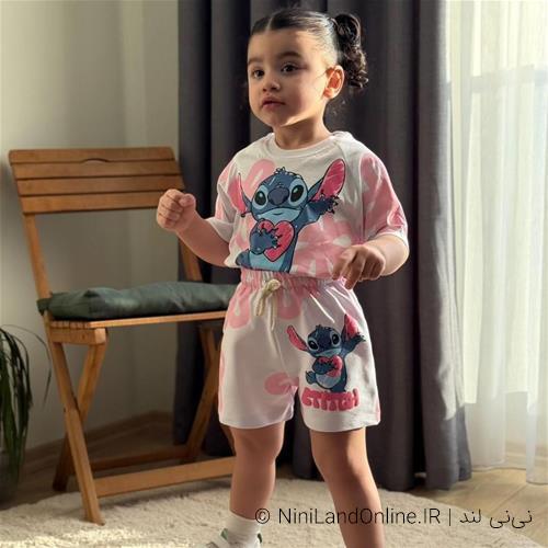 دو تیکه تیشرت شلوارک دخترانه طرح استیچ ترک کد 0258974