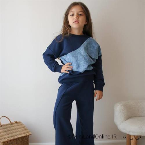 وتیکه دورس شلوار سه نخ بغل طرح لی رنگ سرمه ای 4-12سال کد 18315
