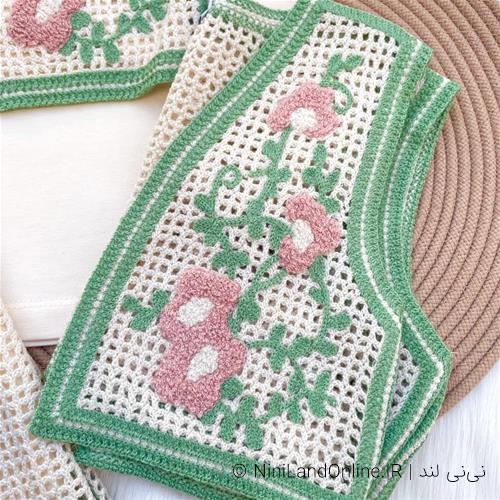 ست سه تیکه بلوز دامن دخترانه طرح قلاب بافی کد 365