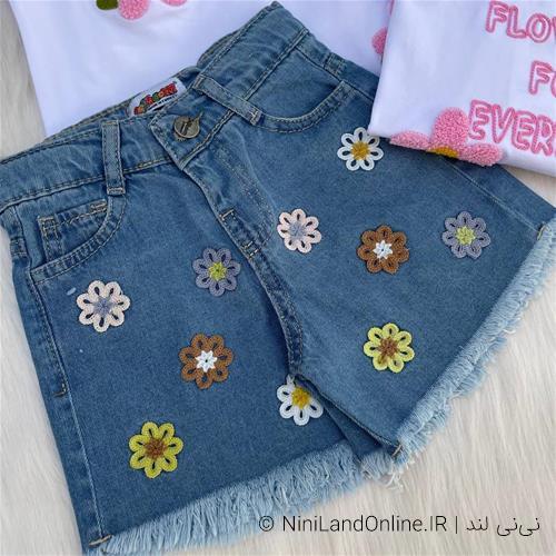 دو تیکه تیشرت شلوارک طرح گل کد 5807